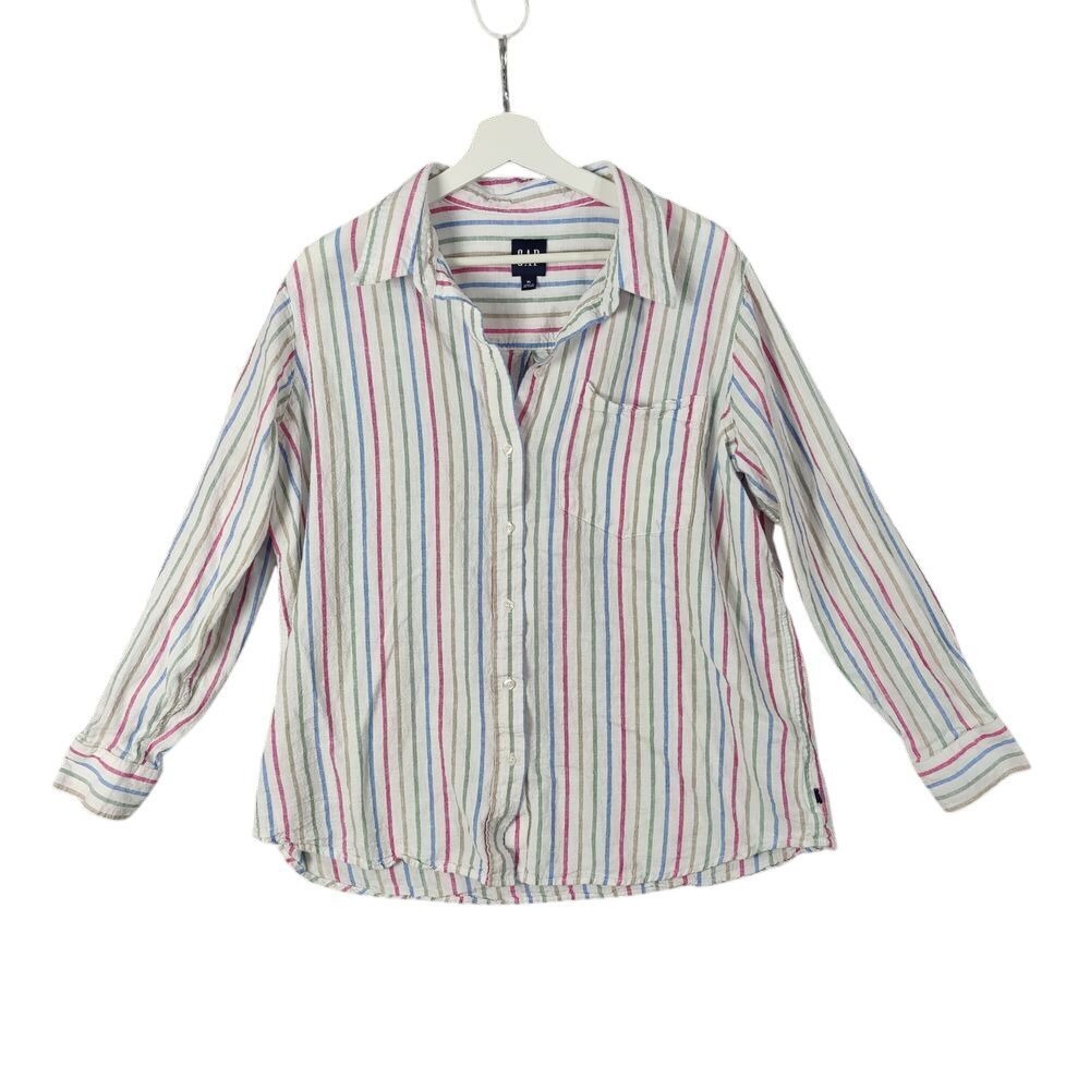 GAP Women Coastal Preppy Rainbow Linen Blend Button Up Shirt XL White Stripe